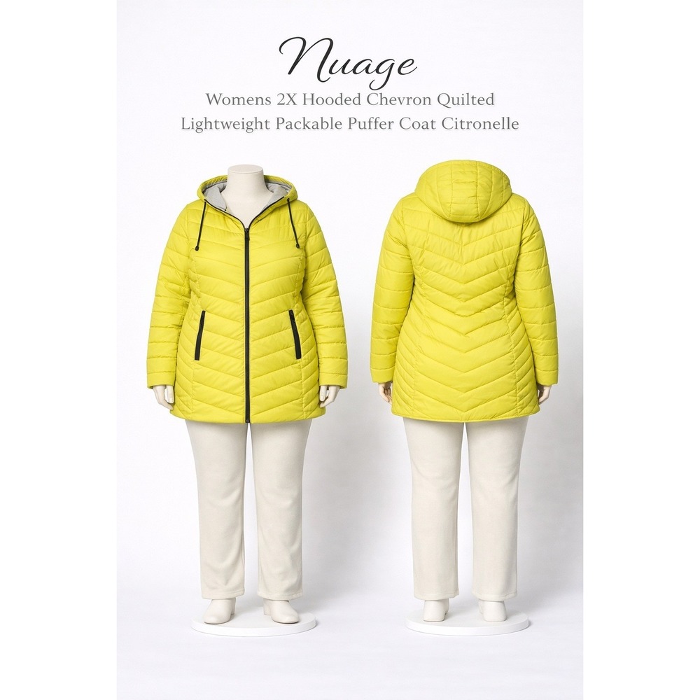 Nuage Women 2X Hooded Chevron Quilted Packable Puffer Coat Citronelle Yellow NWT